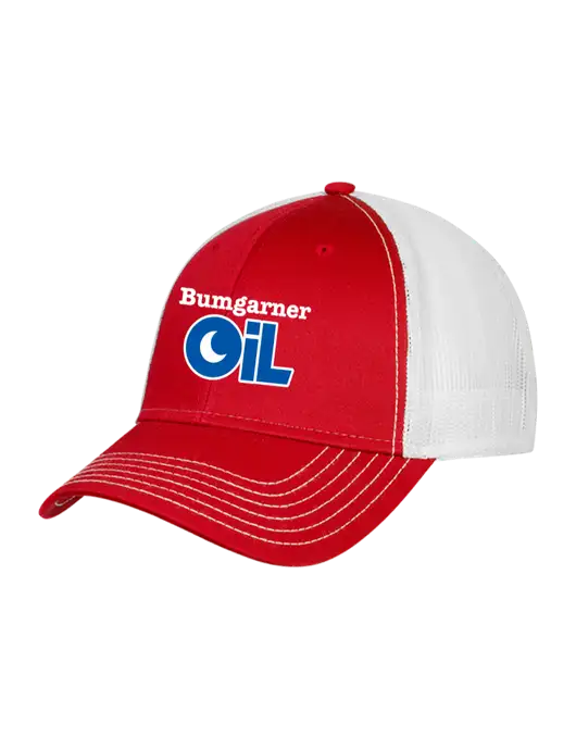 Red/White Mesh Trucker Cap Snap Back w/Bumgarner Oil Logo