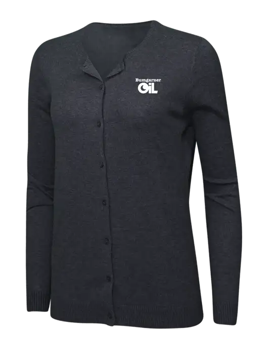 Charcoal Heather Womens Cardigan Sweater w/Bumgarner Oil Logo