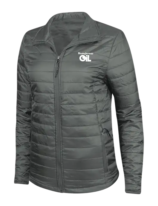 Dark Grey Womens Puffy Packable Jacket w/Bumgarner Oil Logo