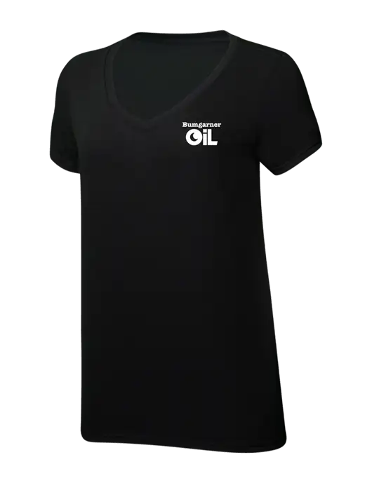 Womens Simply Soft V-Neck Black 4.5oz  Poly/Combed Ring Spun Cotton T-Shirt w/Bumgarner Oil Logo