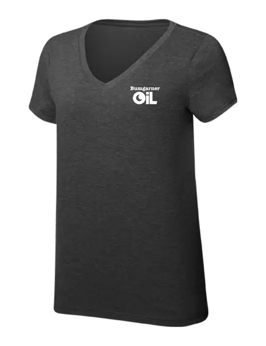 Womens Simply Soft V-Neck Black Frost 4.5oz  Poly/Combed Ring Spun Cotton T-Shirt w/Bumgarner Oil Logo