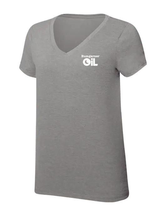 Womens Simply Soft V-Neck Grey Frost 4.5oz  Poly/Combed Ring Spun Cotton T-Shirt w/Bumgarner Oil Logo