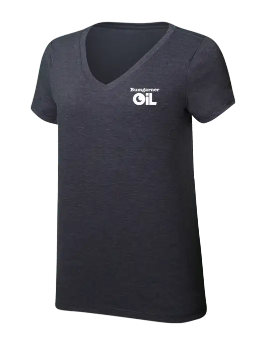 Womens Simply Soft V-Neck Heather Charcoal 4.5oz  Poly/Combed Ring Spun Cotton T-Shirt w/Bumgarner Oil Logo