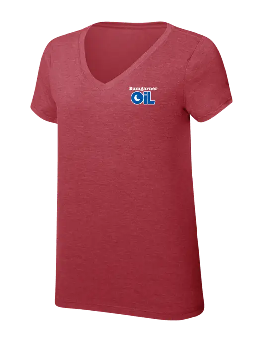 Womens Simply Soft V-Neck Red Frost 4.5oz  Poly/Combed Ring Spun Cotton T-Shirt w/Bumgarner Oil Logo