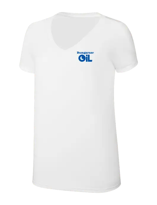 Womens Simply Soft V-Neck White 4.5oz  Poly/Combed Ring Spun Cotton T-Shirt w/Bumgarner Oil Logo