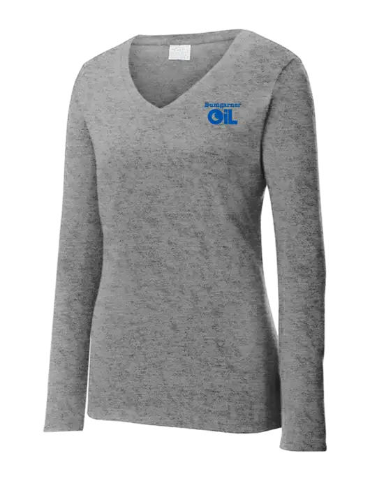 Womens  V-Neck Ring Spun Grey Heather 4.5 oz Long Sleeve T-Shirt w/Bumgarner Oil Logo