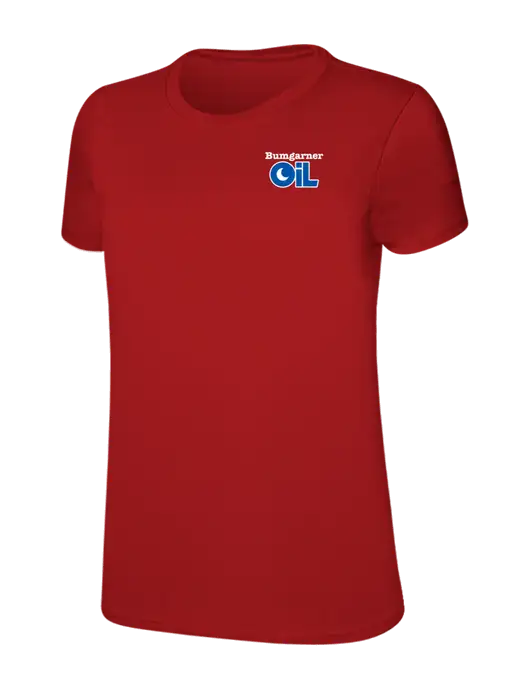 Womens Ring Spun Bright Red 4.5 oz T-Shirt w/Bumgarner Oil Logo