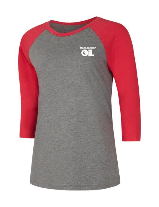 Womens Simply Soft 3/4 Sleeve Red Frost/Grey Frost Ring Spun Cotton T-Shirt w/Bumgarner Oil Logo