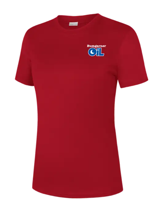  Womens Red PosiCharge Competitor Tee w/Bumgarner Oil Logo