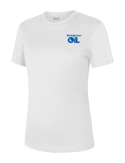  Womens White PosiCharge Competitor Tee w/Bumgarner Oil Logo