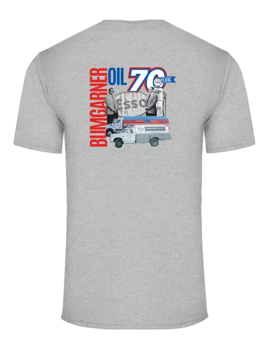 Core Blend Light Grey Heather T-Shirt w/70 Year Design Logo, 70 Year Drinkware Design Logo