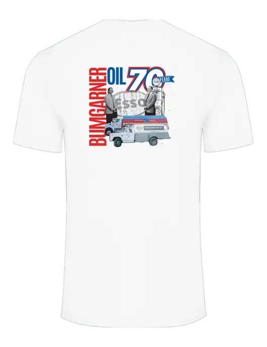 Core Blend White T-Shirt w/70 Year Design Logo, 70 Year Drinkware Design Logo