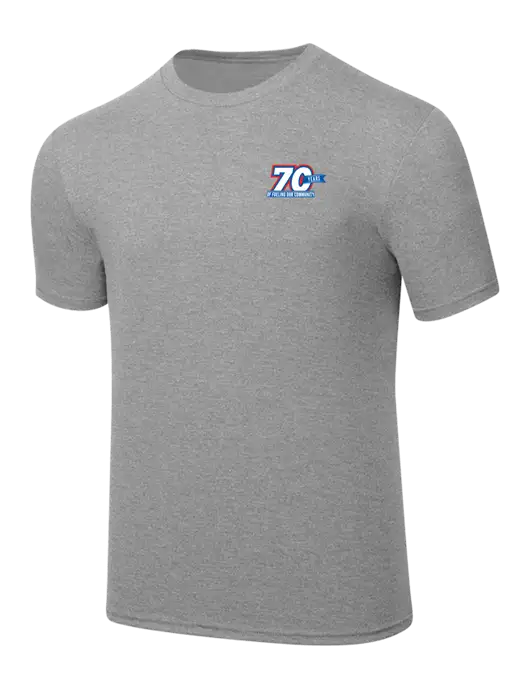 Simply Soft Heathered Light Grey 4.5oz  Poly/Combed Ring Spun Cotton T-Shirt w/70 Year Design Logo