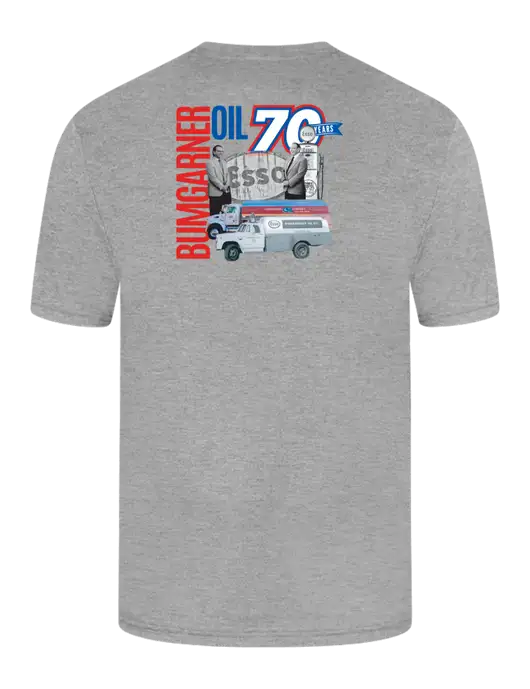 Simply Soft Heathered Light Grey 4.5oz  Poly/Combed Ring Spun Cotton T-Shirt w/70 Year Design Logo, 70 Year Drinkware Design Logo