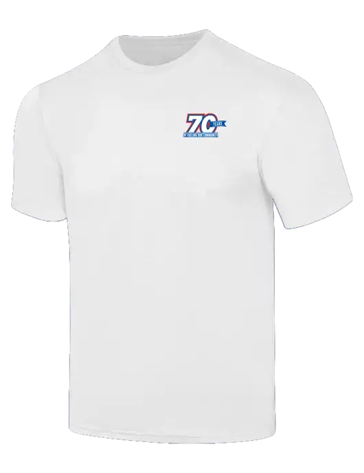 Simply Soft White 4.5oz  Poly/Combed Ring Spun Cotton T-Shirt w/70 Year Design Logo