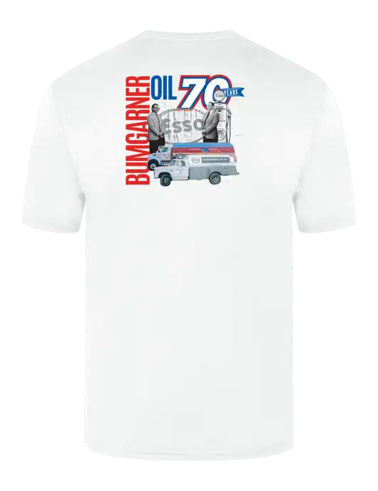 Simply Soft White 4.5oz  Poly/Combed Ring Spun Cotton T-Shirt w/70 Year Design Logo, 70 Year Drinkware Design Logo