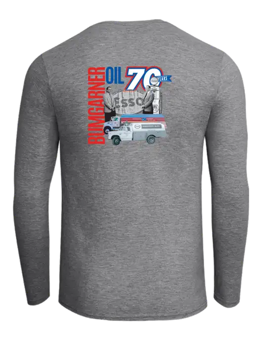 Ring Spun Light Heather Grey 4.5 oz Long Sleeve T-Shirt w/70 Year Design Logo, 70 Year Drinkware Design Logo