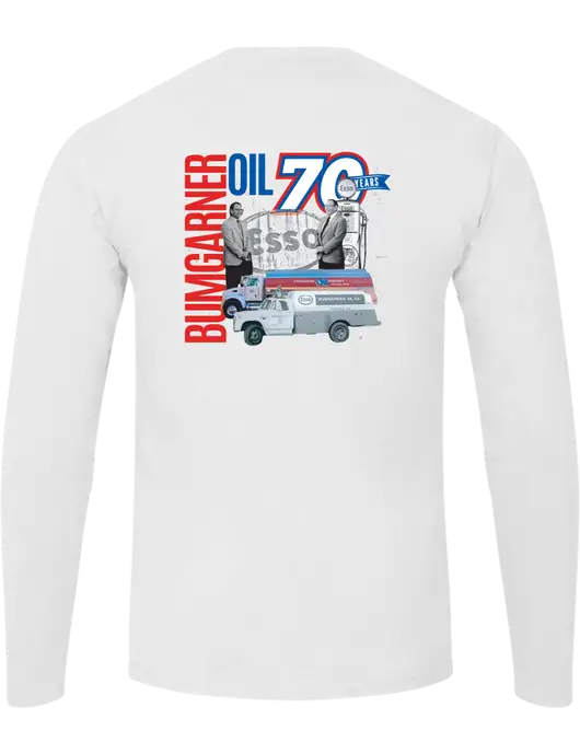 Ring Spun White 4.5 oz Long Sleeve T-Shirt w/70 Year Design Logo, 70 Year Drinkware Design Logo