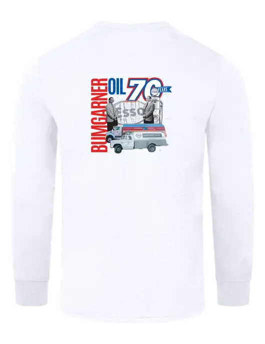 Simply Soft Long Sleeve White 4.5 oz, Poly/Combed Ring Spun Cotton T-Shirt w/70 Year Design Logo, 70 Year Drinkware Design Logo
