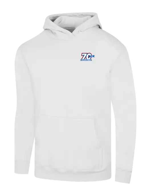 White 7.8 oz Ring Spun Hooded Sweatshirt w/70 Year Design Logo