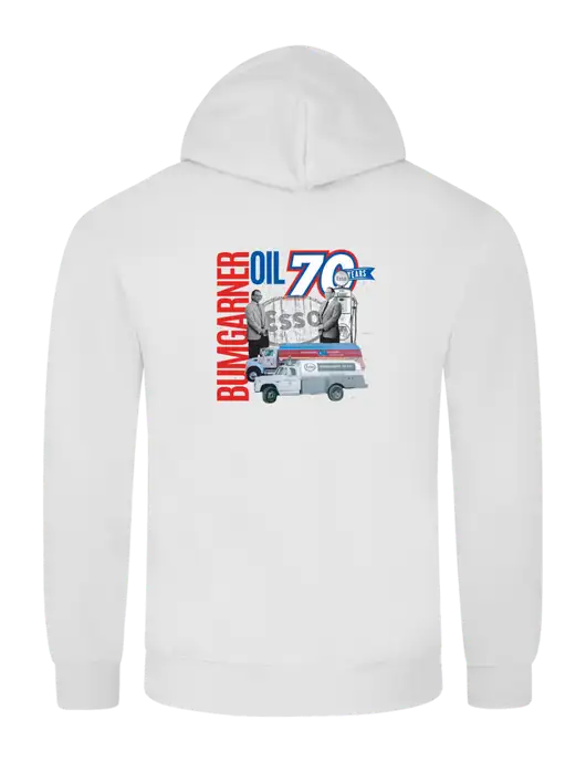 White 7.8 oz Ring Spun Hooded Sweatshirt w/70 Year Design Logo