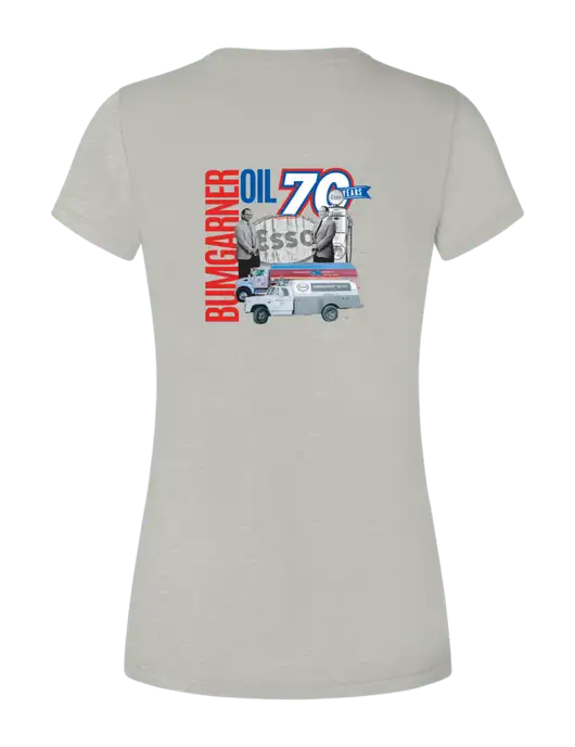 Womens Seriously Soft Light Heathered Grey T-Shirt w/70 Year Design Logo, 70 Year Drinkware Design Logo