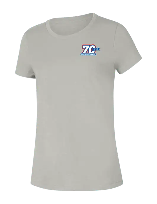 Womens Seriously Soft Light Heathered Grey T-Shirt w/70 Year Design Logo