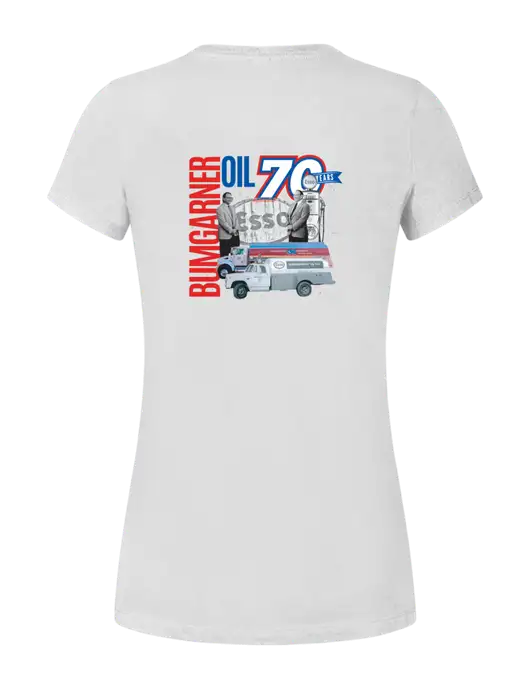 Womens Seriously Soft White T-Shirt w/70 Year Design Logo, 70 Year Drinkware Design Logo