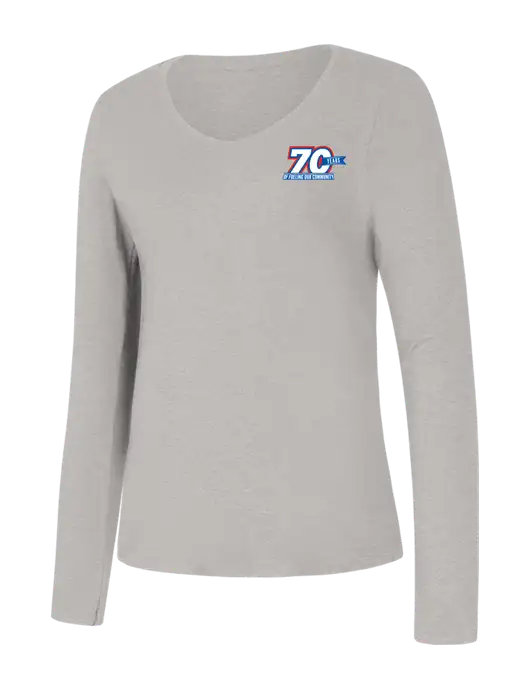 Womens Seriously Soft Light Heathered Grey V-Neck Long Sleeve T-Shirt w/70 Year Design Logo