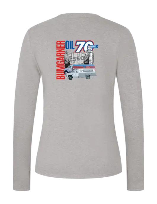 Womens Seriously Soft Light Heathered Grey V-Neck Long Sleeve T-Shirt w/70 Year Design Logo