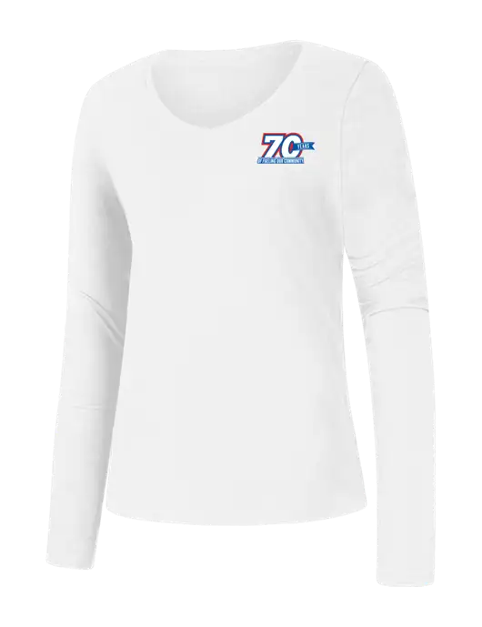Womens Seriously Soft White V-Neck Long Sleeve T-Shirt w/70 Year Design Logo