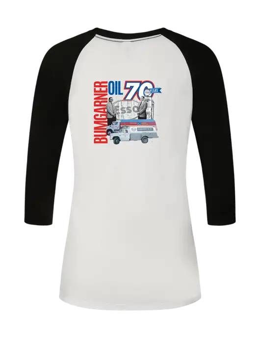 Womens Simply Soft 3/4 Sleeve Black/White Ring Spun Cotton T-Shirt w/70 Year Design Logo, 70 Year Drinkware Design Logo