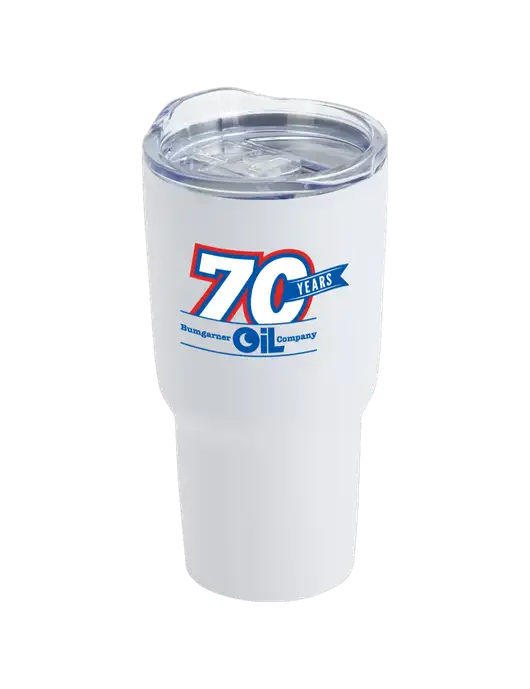 Belmont White 30 oz Insulated Travel Tumbler w/70 Years Logo